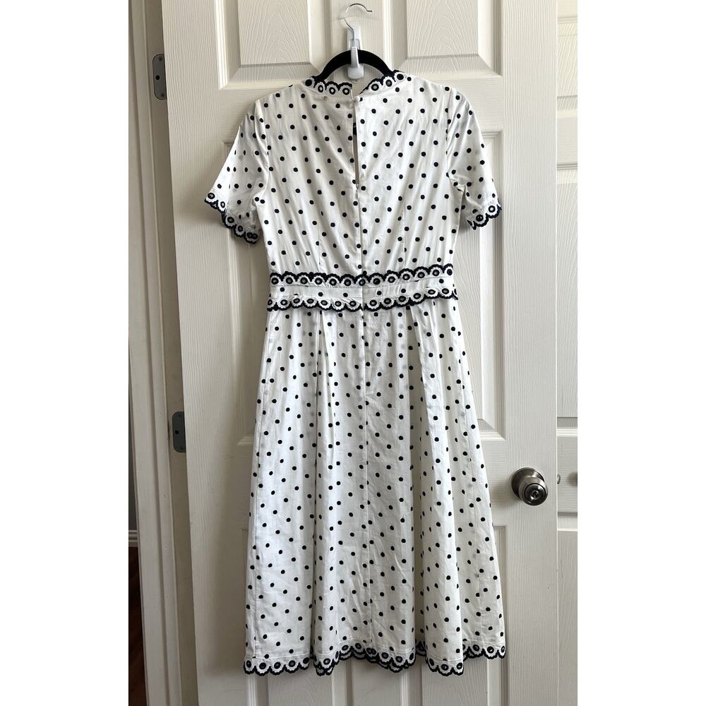 BODEN Kimberly Navy White Polka Dot Embroidered Scallop Trim Midi Dress Sz 6R - Picture 8 of 14